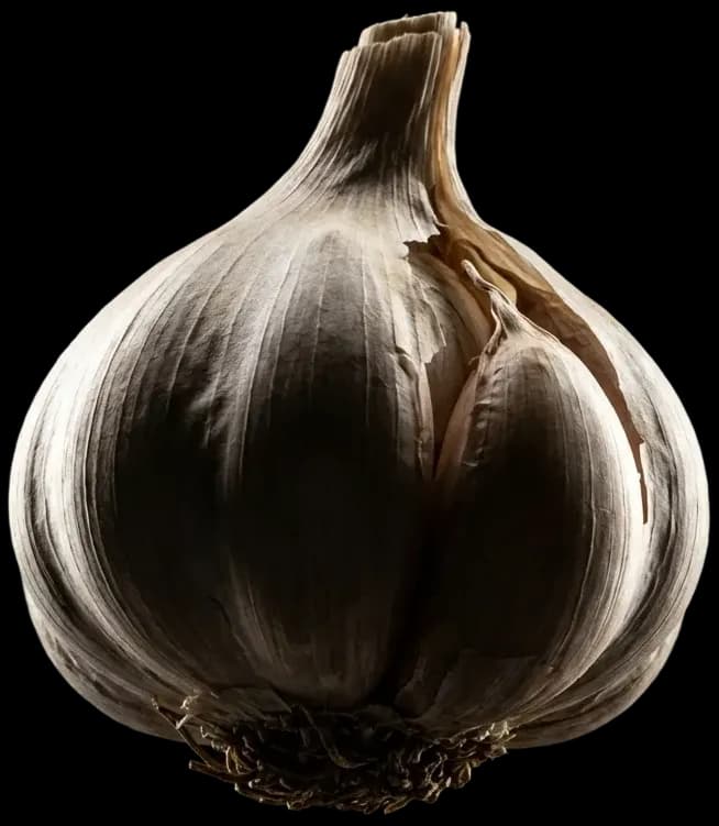 A single aged black garlic bulb, allium.'s founding ingredient