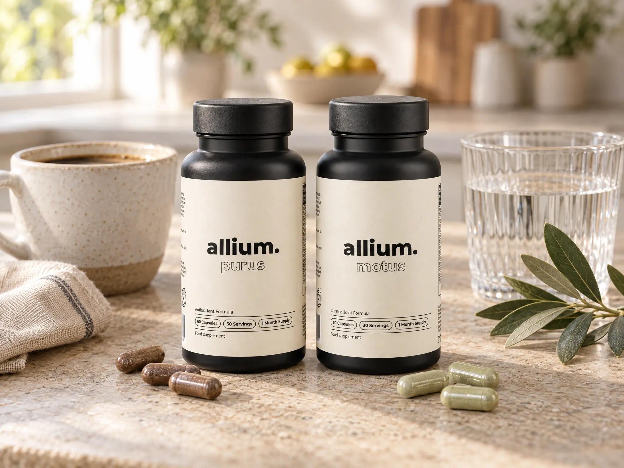 allium. Purus and Motus on a kitchen worktop with morning coffee