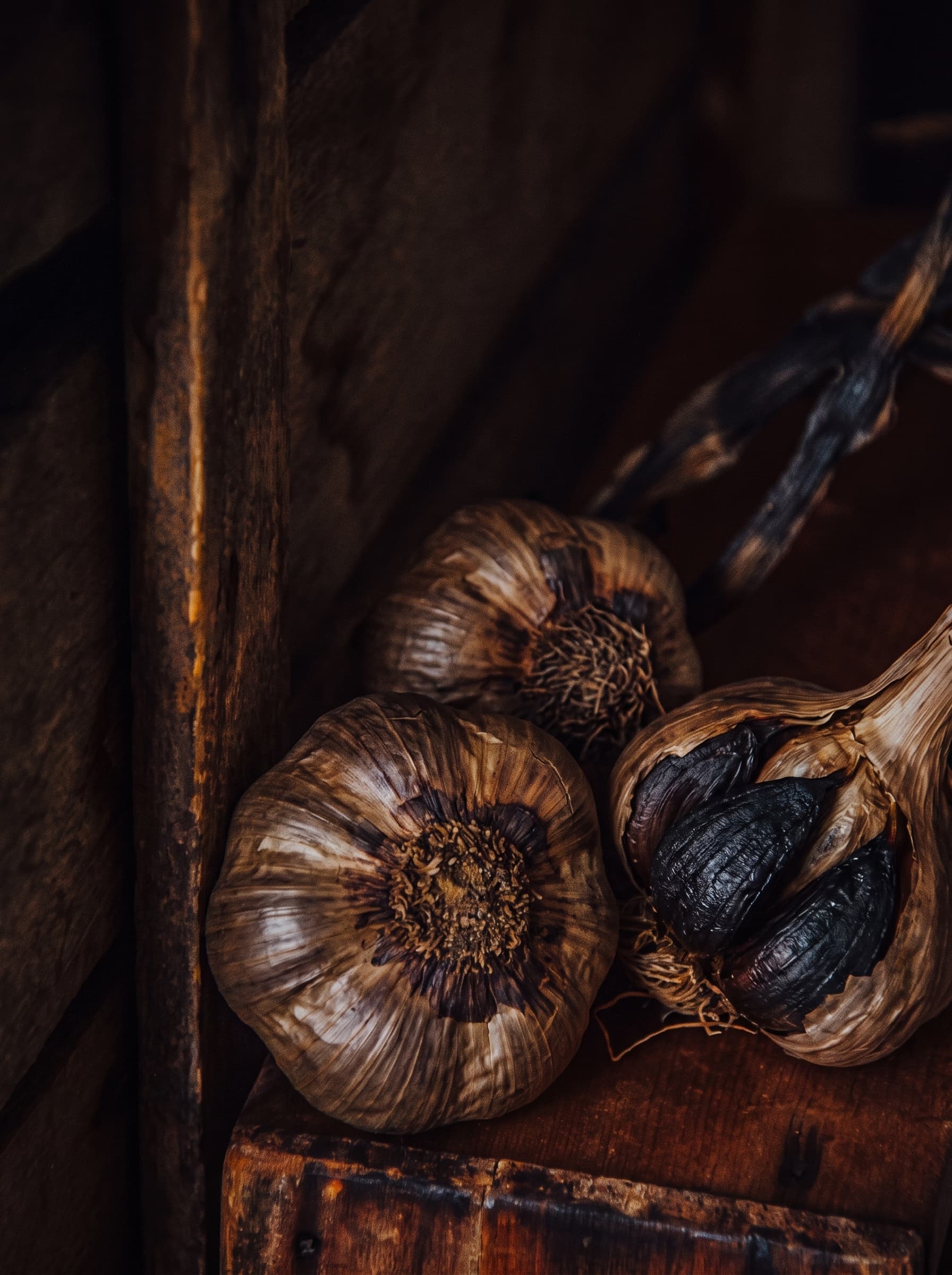 Aged black garlic bulbs on aged wood