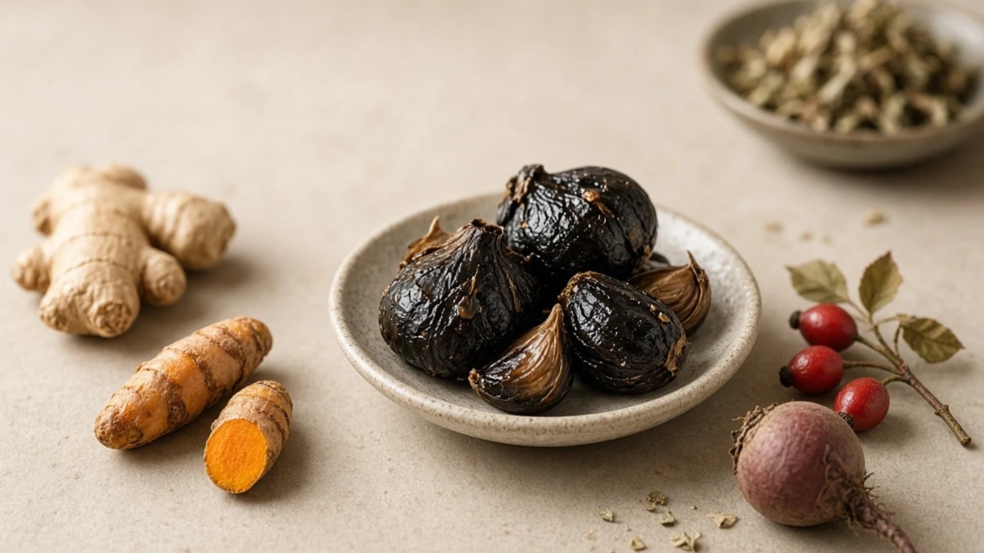 Aged black garlic and botanicals