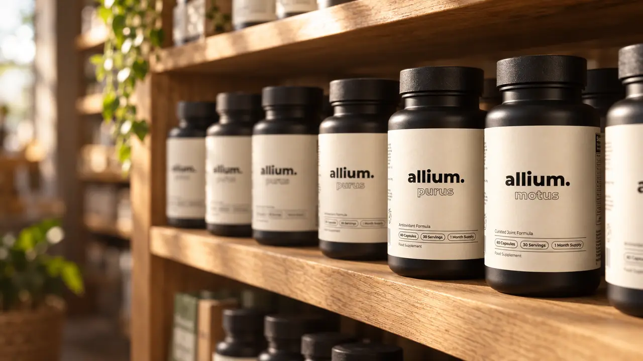 Allium Purus and Motus bottles on a health store shelf